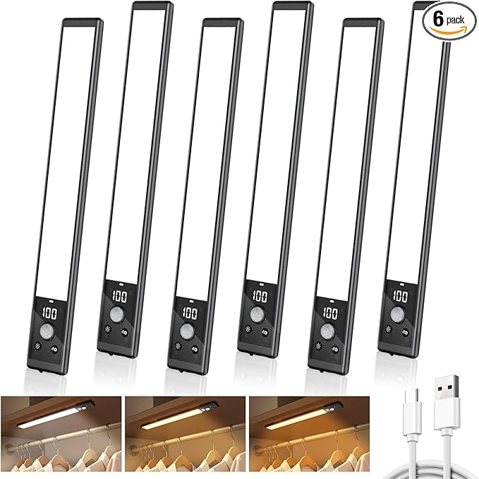 Mpotmiy 6 Pack 12" Rechargeable Motion Sensor Under Cabinet Lights with Digital Display, 2200mAh, 3 Color Temperatures, Magnetic Dimmable Closet Lights for Kitchen