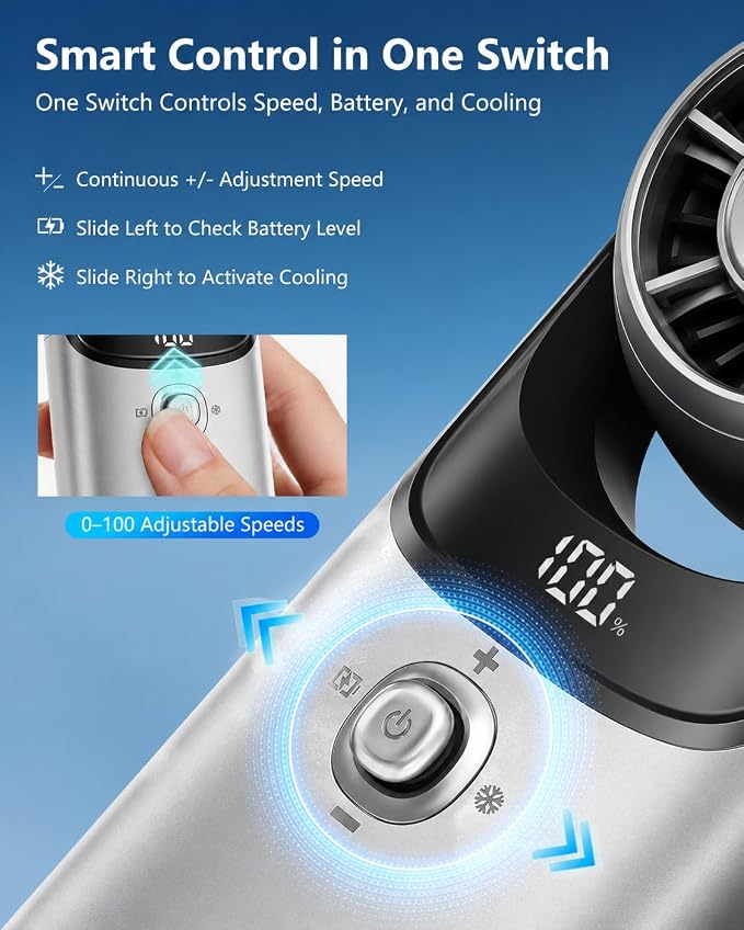 Pocket Handheld Fan with Cooling Plate, Mini Rechargeable Personal Fan with 100 Speeds, Powerful Portable Fan with Digital Display, Metal Body, 180° Adjustable Head for Travel Office Outdoor