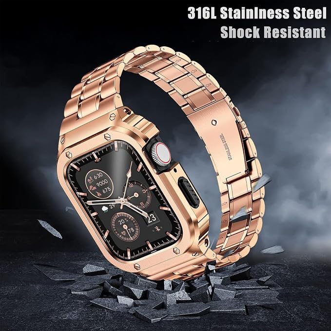 MioHHR Stainless Steel Watch Band with Case Compatible with Apple Watch Series 9/8/7(41mm) Series 6/5/4/SE(40mm)38mm(Series 3/2/1),Rugged Strap with Metal Protective Bumper Cover for iWatch Band