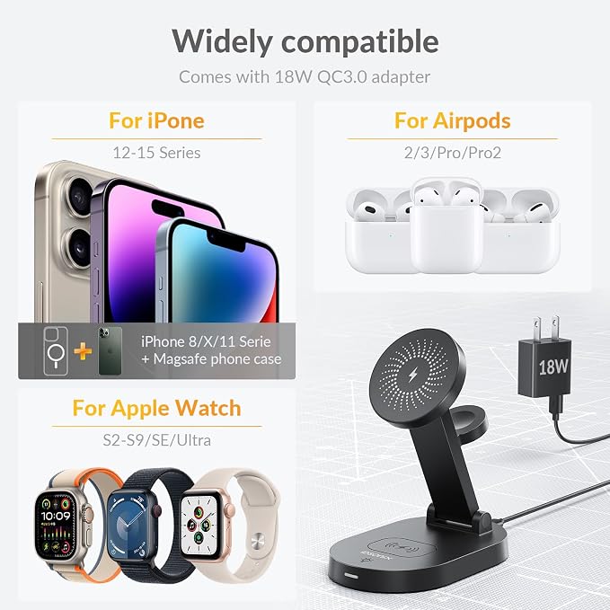 iDsonix 3 in 1 Mag-Safe Charger Stand, Wireless Charger Station for Apple Devices Fast Wireless Charger with Adjustable Stand and LED Light for iPhone 15-12 Series Airpods & iWatch, Black