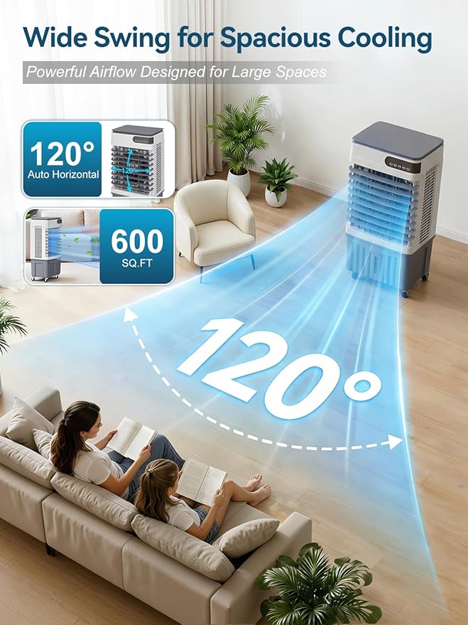 2800CFM Swamp Cooler, 4-IN-1 Evaporative Air Conditioners With 9.8 Gal Water Tank, 4 Ice Packs, Remote, 12H Timer, 120°Oscillation, 36”Portable Cooling Fan with 3 Modes&Speeds for Indoor Room （9）