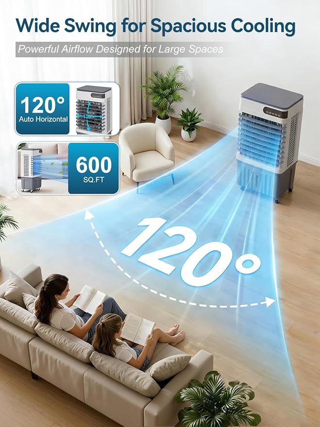 2800CFM Swamp Cooler, 4-IN-1 Evaporative Air Conditioners With 8.5 Gal Water Tank, 4 Ice Packs, Remote, 12H Timer, 120°Oscillation, 36”Portable Cooling Fan with 3 Modes&Speeds for Indoor Room（7）