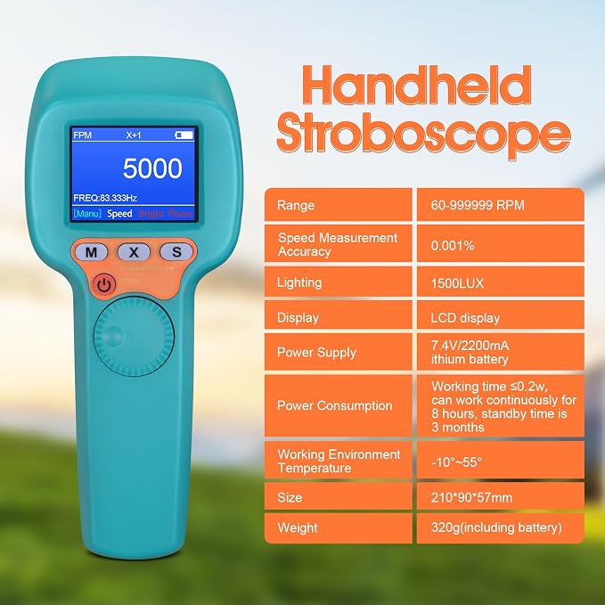 Handheld Stroboscope 60–99,999 RPM, Non-Contact Strobe Tachometer with Adjustable Color LCD Display and High Accuracy 0.001% Estroboscopio Engine Speed Analyzer