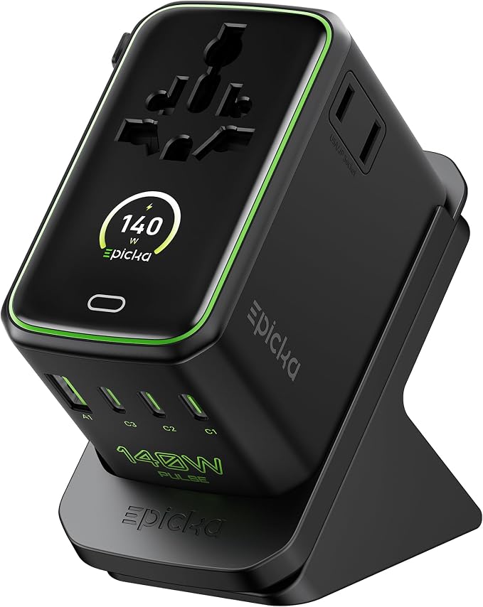 Epicka Pulse Duo 140W GoStand Universal Travel Adapter with Desktop Stand & Smart Display, International Power Adapter with 3.28ft Cable, 2 AC Outlets PD 3.1 PPS Compatible with MacBook, iPhone