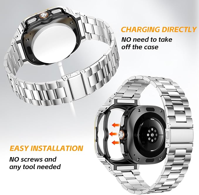 SUPLINK Stainless Steel Case and Band Compatible with Samsung Galaxy Watch Ultra Bands 47mm(2025/2024), Rugged Protective Case Bumper Metal Bands for Samsung Ultra Watch Band Men, Silver Gold