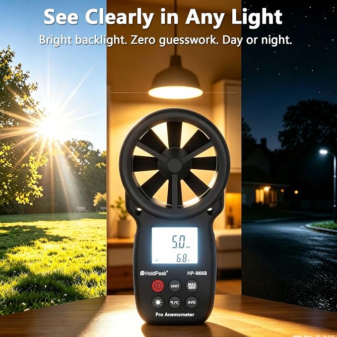 HoldPeak 866B Digital Anemometer, Handheld Wind Speed CFM Meter, HVAC Air Flow Velocity Gauge Tester with Backlight, Outdoor Wind Gauge for Drone Sailing Shooting
