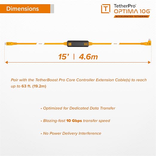 TetherPro Optima 10Gbps Gen 2 USB-C, 15' (4.6m), Straight to Right, High-Visibility Orange
