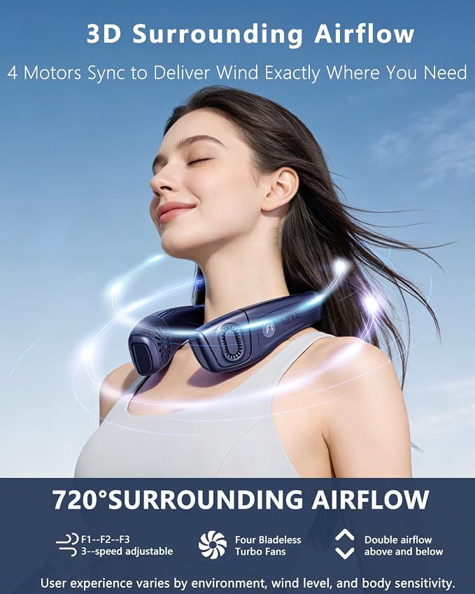 Neck Air Conditioner Fan Instant Cooling with Cooling Plate, Bladeless, 8000mAh Operated Wearable Rechargeable Neck Fan, 3 Cooling Level&3 Speeds Level for Hot Flashes, Travel, Gym