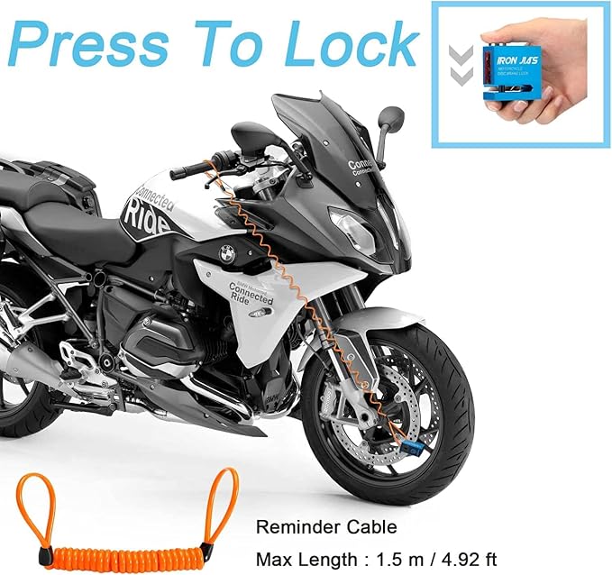 IRON JIA'S Motorcycle Disc Lock Anti-Theft Wheel Brake Lock Waterproof Alloy with Reminder Cable and 2 Keys, Alarm-Free for Motorbike, E-Scooter, Mountain Bike Blue