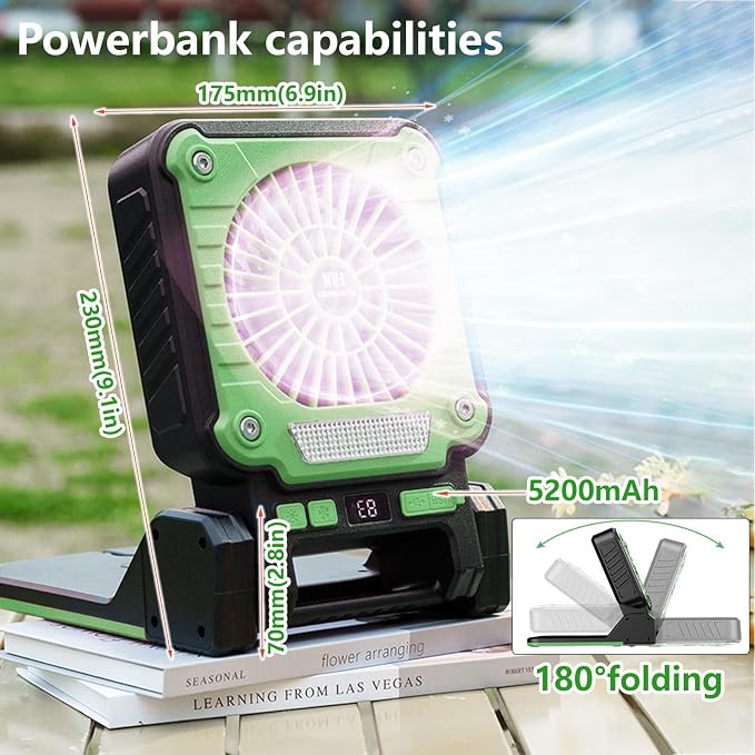 Solar Powered Rechargeable Fan with Light - 3 Speed Portable USB-C Hanger Camping Fan, Power Outage for Home and Kitchen Emergency, Outdoor Tent Fan for Picnic, BBQ and Travel