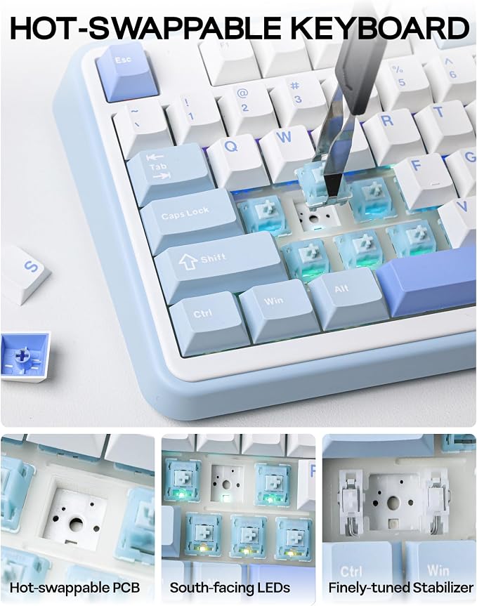 EPOMAKER TH99 Tri-Mode Wireless Mechanical Keyboard with 8000mAh Battery, Hot Swappable Custom RGB Gaming Keyboard with Numpad, Gasket Creamy for PC/Mac/Office (Blue&White, Sea Salt Silent)