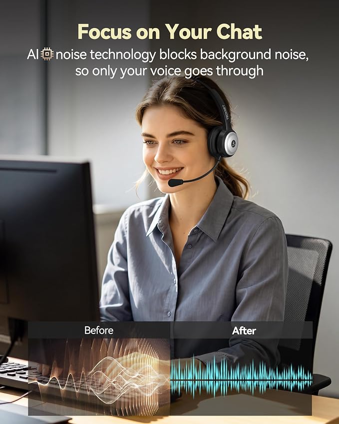 TECKNET Wireless Headset for Work, 45Hrs Worktime AI Noise Cancelling Computer Headphones with Charging Base, Bluetooth Headset with Mic & USB Dongle for PC/Laptop/Call Center