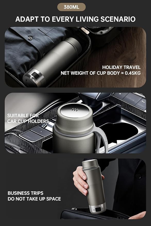 Pure Titanium Travel Kettle, 380ML Portable Electric Kettle, 12 Temp Presets, Dual Voltage 100-240V, Temp Control, Fast Boil, BPA-Free, Leak-Proof for Tea, Coffee, Baby Formula, Office & Hotel