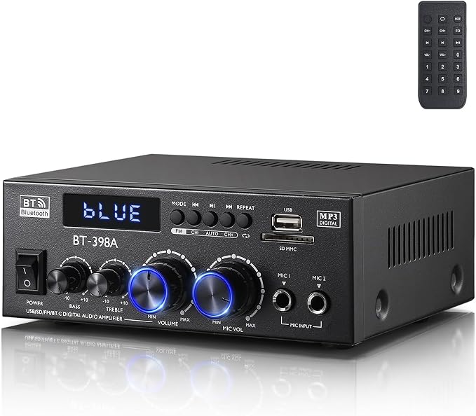 Facmogu BT-398A Stereo Digital Audio Amplifier, Max 450Wx2 HiFi Sound Audio Power Amplifier System, 2.0 Channel Receiver Amp for Home Theater Garage w/Fiber/Copper Jack, USB/SD/AUX/RCA/MIC in w/Echo