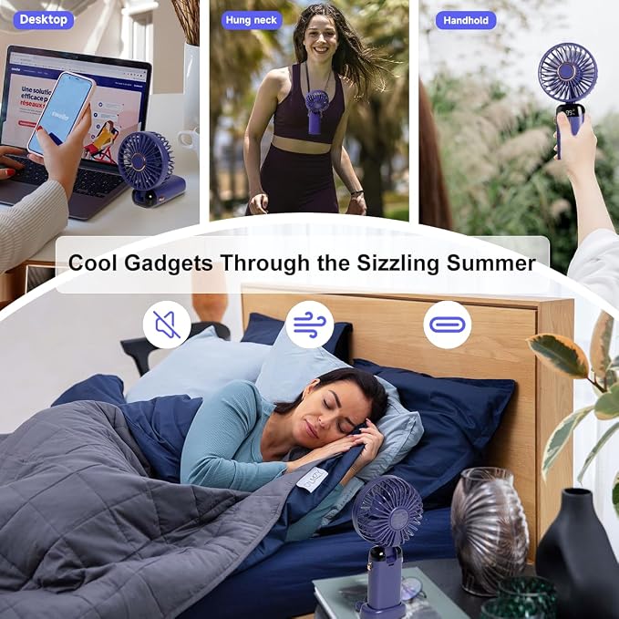 2 PCS Portable Handheld Fan, 12 hours Upgrade 3200mAh Mini Fan with Stand, 90° Foldable, 5 Speed Wind,Hand Held/Neck/Desk 3 in 1 Personal Small Fans, Makeup Fans for Women (Purple, Green)