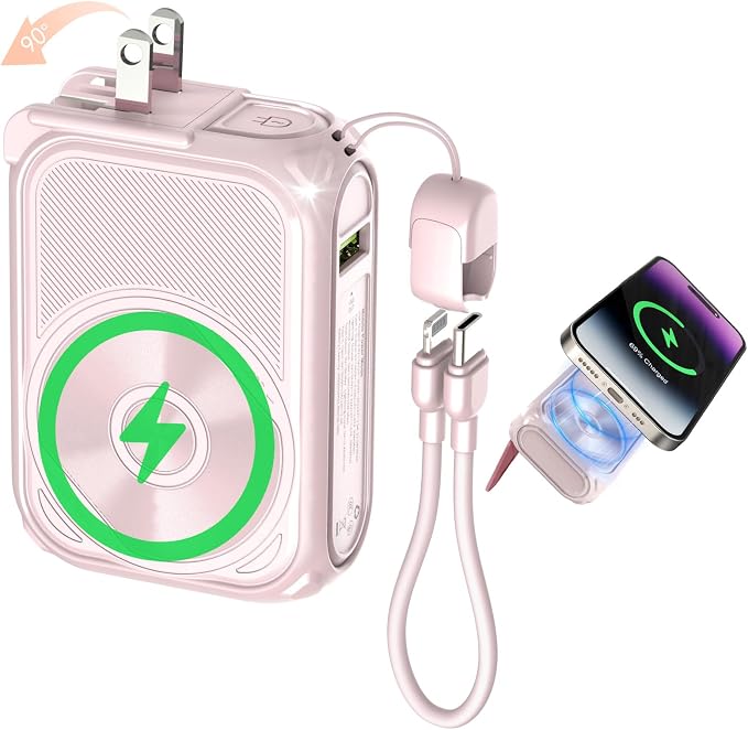 P05 Portable Charger, Magnetic Power Bank, Small Wireless PowerBank,Emergency Battery Pack 10000mAh Travel Essentials Fast Charging with Built in Cable, Wall Plug for iPhone,Samsung,Andriod (Pink)