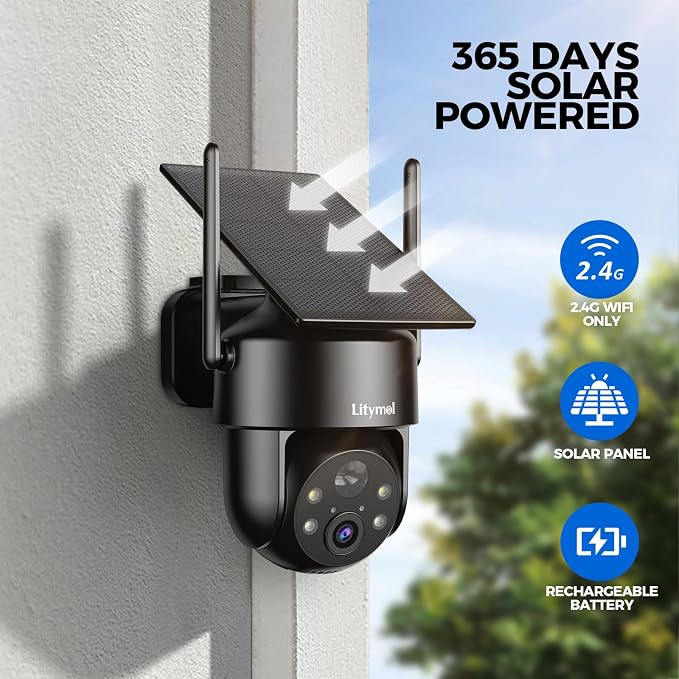 LITYMOL 3MP Solar Wireless Camera Outdoor, WiFi Security Cameras for Home with Color Night Vision, AI Detection, 2-Way Audio,Siren Alarm
