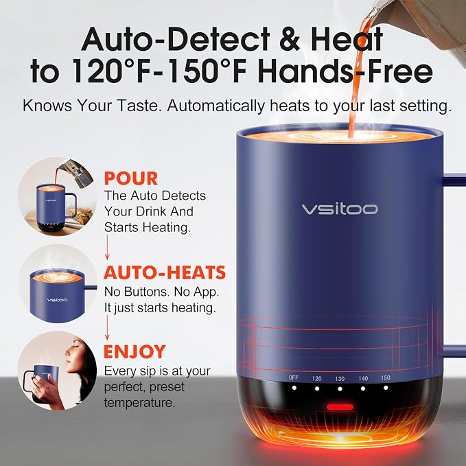 VSITOO S3 Pro 16oz Smart Self Heating Coffee Mug, Heated Coffee Mug with AI Auto-Sensing Temperature Control, 120-150℉ Rechargeable Smart Mug Warmer, IPX7 Waterproof, Gift for Men Women, Blue