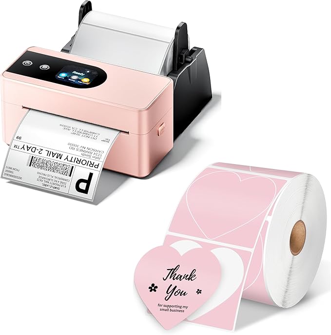Phomemo 4x6 Shipping Label Printer with Touch Screen, Bluetooth Thermal Printer for Small Business, Auto Label Detection, 150mm/s High Speed, Compatible with Amazon, USPS, UPS, with 500 Pink Labels