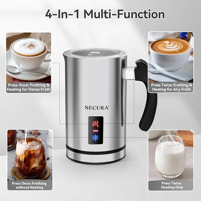 Secura Electric Milk Frother, Automatic Milk Steamer Warm or Cold Foam Maker for Coffee, Cappuccino, Latte, Stainless Steel Milk Warmer with Strix Temperature Controls