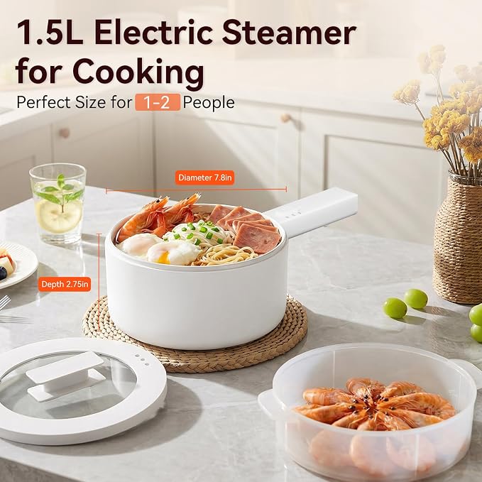 Electric Hot Pot with Steamer, 1.5L Ceramic Glaze Non-stick Portable Pot, Dual Power Multi-functional Electric Cooker, Suitable for Steak, Pasta, Hot Pot, Ramen, Electric Pot for Dorm(with steamer)