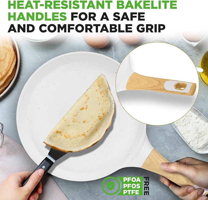 NutriChef 2-Pack Non-Stick Crepe Pan Set – 11” Marble Coated Dosa Pans with Wooden Spreaders, Bakelite and Wood Handles, Induction-Compatible, Easy-to-Clean, Stain-Resistant, White Cream Marble