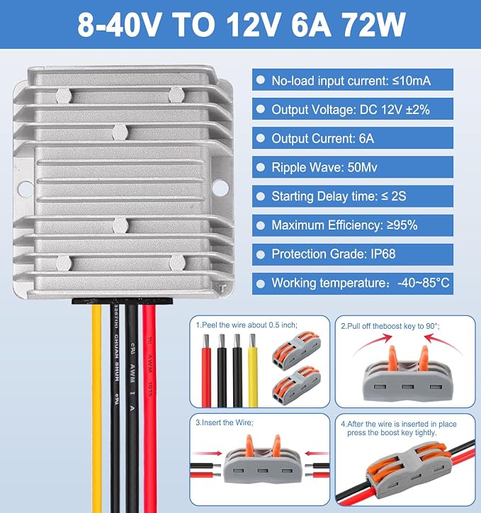 DC 8-40V to 12V Converter 6A 72W Step Down Converter Voltage Reducer IP68 Waterproof Transformer for Golf Cart Truck Boat Vehicle