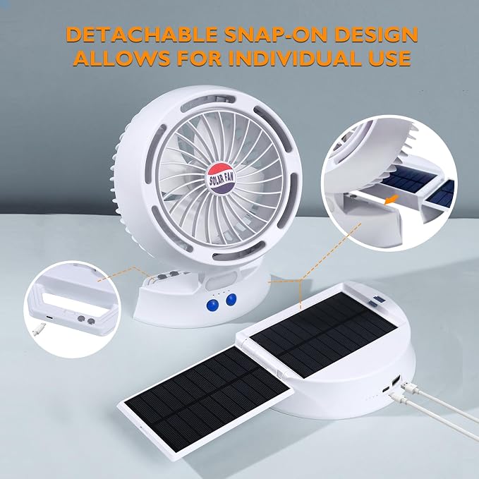 Rechargeable Camping Fan with Light - Solar Powered, USB/Battery Operated, 10400mAh, 4-Speed Adjustable, LED Lantern, Suitable for home and outdoor use.