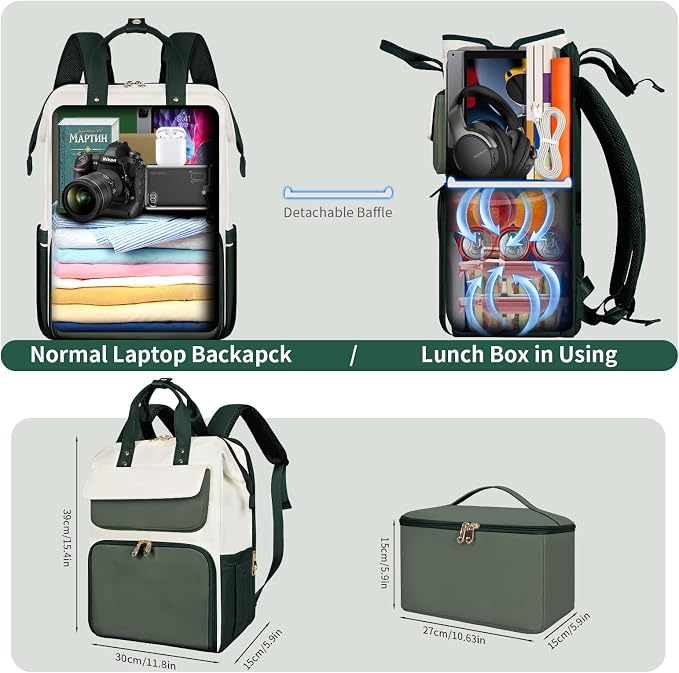 BERTASCHE Lunch Backpack for Women, 15.6 Inch Laptop Backpack with Insulated Cooler Lunch box, Nurse Backpack for Teacher Work Travel College Picnic,Green-Beige