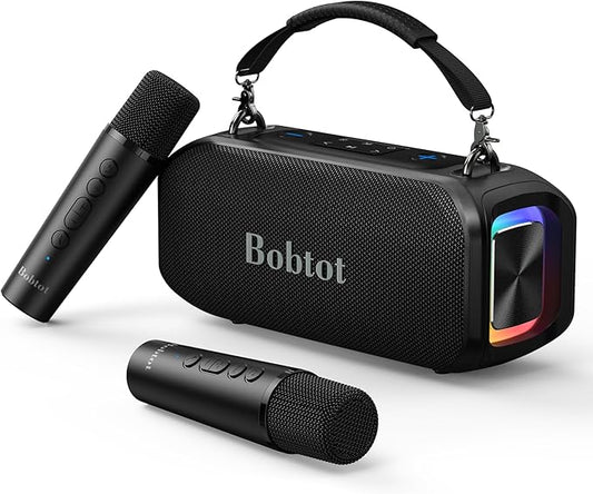 Bobtot Portable Bluetooth Speaker with Wireless Microphone, 40W Peak Outdoor Speaker IPX5 Waterproof Speaker with Handle Stereo Loud Sound, 8000mAh Battery, Home & Outdoor Party (with 2 Mics)