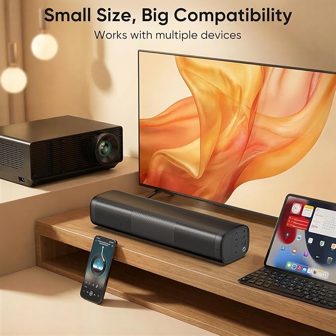 Saiyin Sound Bar for Smart TV, 11.7-inch Soundbar with Bluetooth 5.3/Optical/Auxiliary Inputs, Small Size & Big Power, 48W Peak Power Compact Sound Bar for TV, PC, Gaming, Powered by an AC Adapter