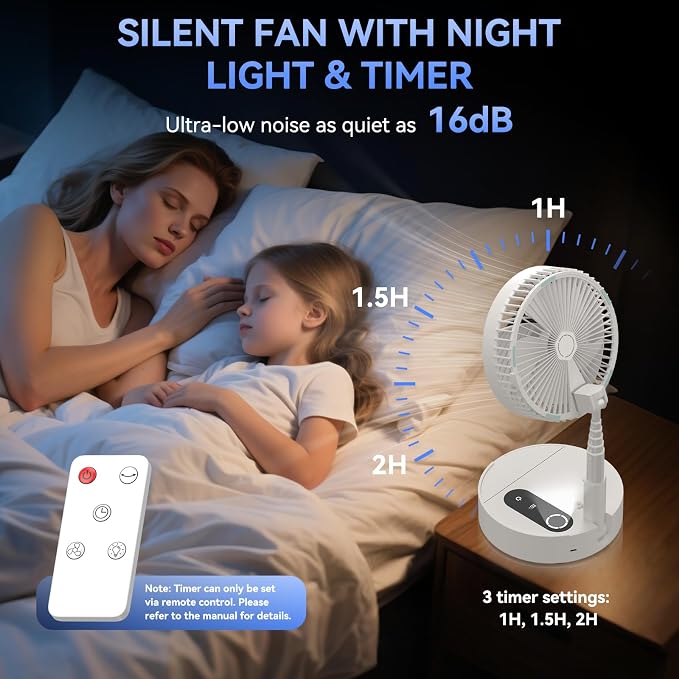 9.5" Portable Standing Oscillating Fan with Remote - 10000mAh Rechargeable Battery Tall Floor Foldable Travel Fan for Sleeping - Pedestal Stand up Folding Fan for Home Bedroom (White)