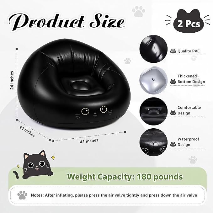 Capoda 2 Pcs Inflatable Bean Bag Chairs with Air Pump - Black Cat Blow up Beach Chairs Folding Portable PVC Lazy Sofa Inflatable Seatings for Adults Gaming Camping Movie Party Supplies