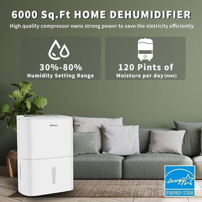 Shinco 6,000 Sq.Ft Energy Star Dehumidifier with WIFI, Ideal for Large Rooms and Home Basements, Efficient Moisture Removal with Adjustable Humidity Control, 1.32 Gallons Water Tank