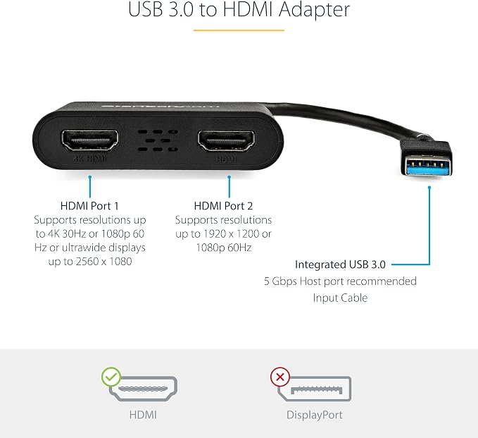 StarTech USB-A 3.0 to Dual HDMI Adapter for Windows, Dual Monitor USB to 2x HDMI Display Converter, 4K 30Hz + 1080p 60Hz, Extend or Mirror Multi-Screen Setup