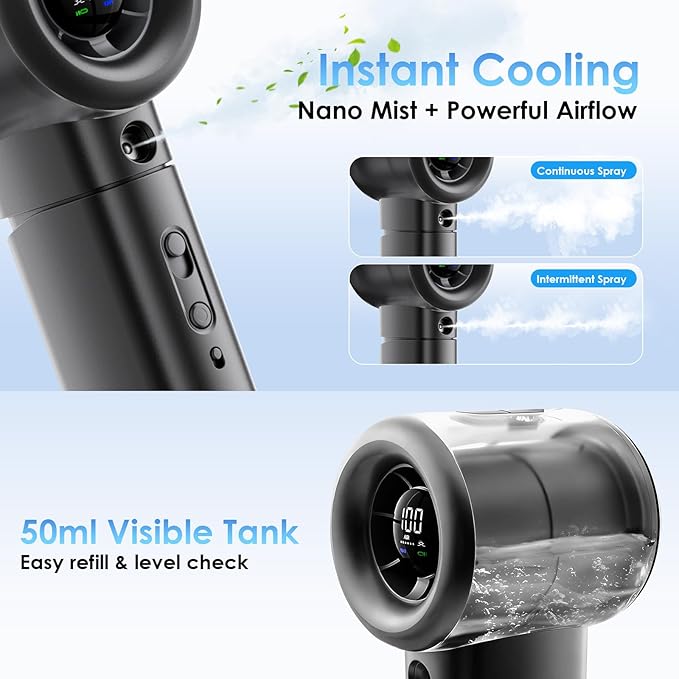 Portable Misting Fan Handheld Powerful Turbo Fan, 100 Speeds, 6000mAh Rechargeable Battery, LED Display, Spray Mist Personal Mini Fan for Travel, Beach, Outdoor Camping (Midnight)