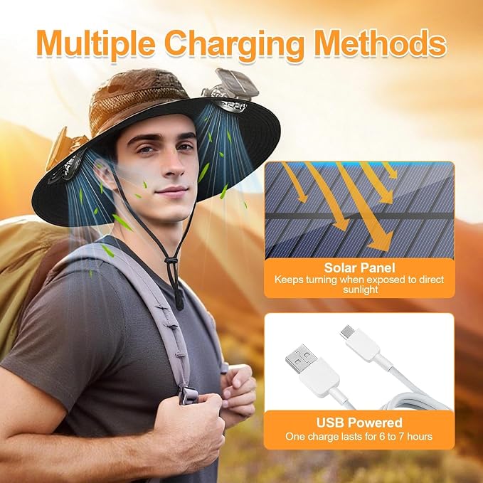 Solar Fan Hat for Men - Wide Brim Cooling Hat with 2 Built-in Solar & USB Rechargeable Fans for Fishing Hiking