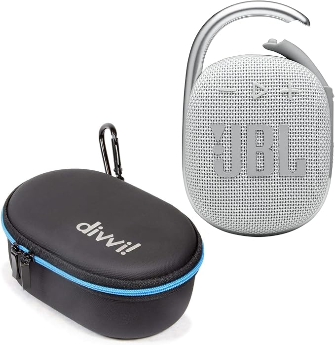 JBL Clip 4 Portable Bluetooth Speaker (White) + Bundle with divvi! Protective Hardshell Case (Black)