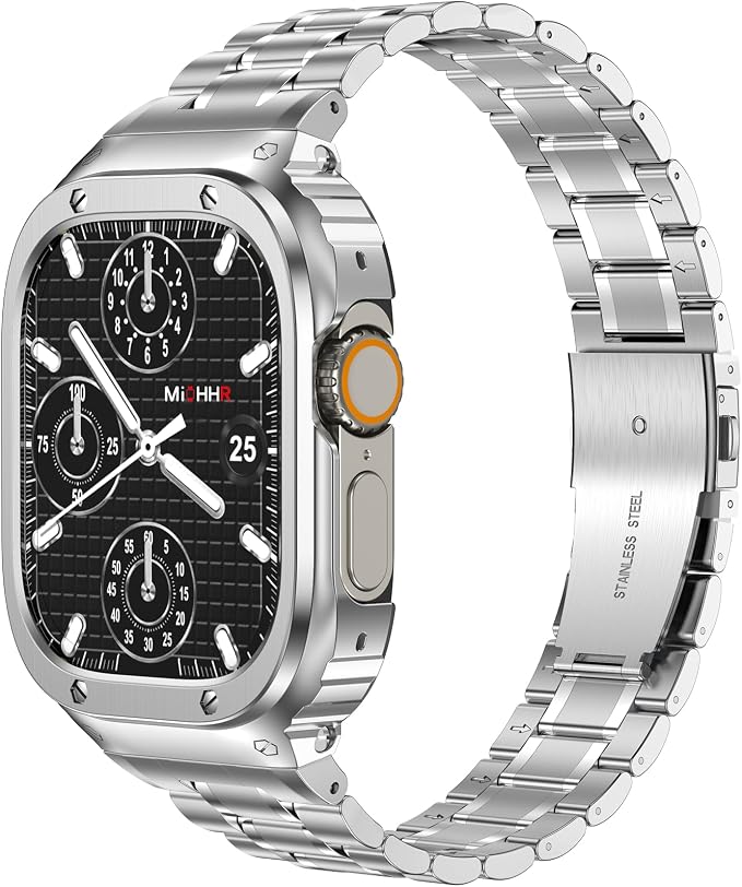MioHHR Stainless Steel Watch Band with Case Compatible with Apple Watch Ultra3 2 1(49mm),Rugged Strap with Metal Protective Bumper Cover for iWatch Band Men(Silver)