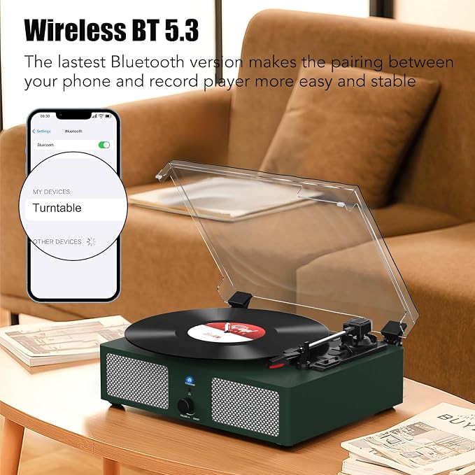 Vinyl Record Player with Built-in Speakers and USB,Belt-Driven Bluetooth Turntable with 3 Speed AUX Input Headphone Jack and RCA Output Vintage Wooden DarkGreen