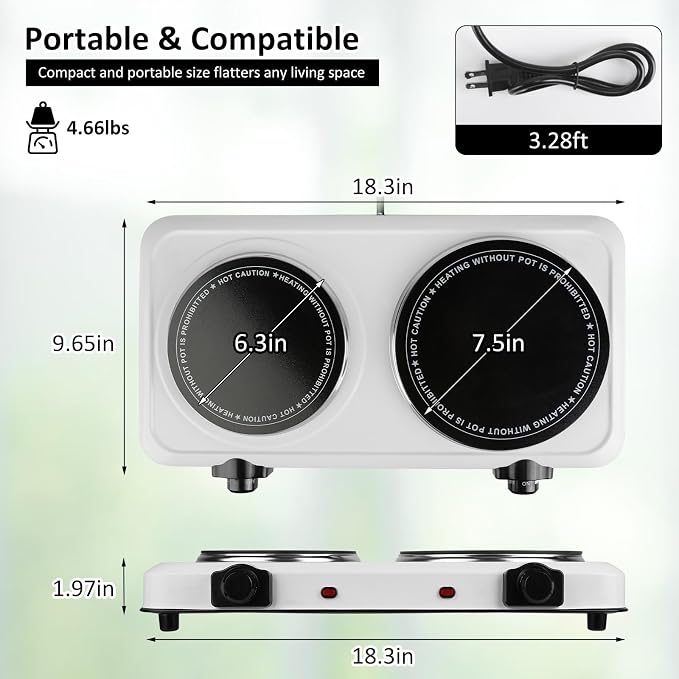 1800W Infrared Double Burner, Portable Hot Plate for Cooking, Countertop Burner with 7.5” & 6.3” Glass Plate Electric Cooktop with Stepless Temperature Adjustments for Home RV Camping