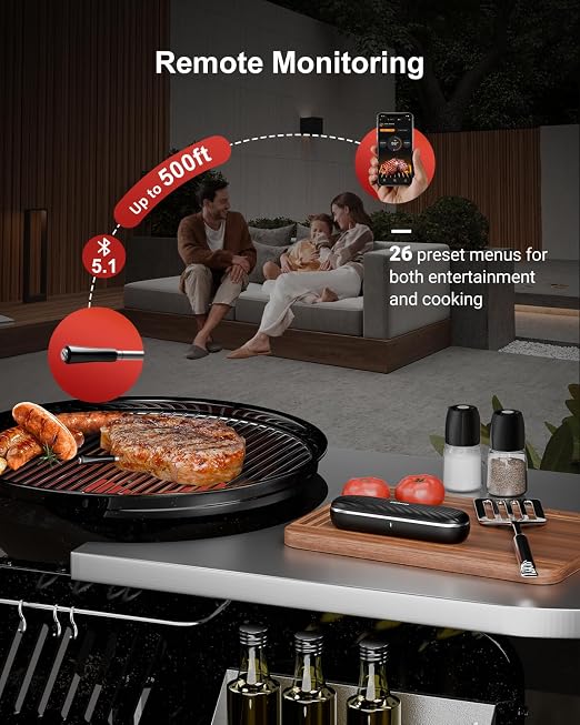 500ft Bluetooth Wireless Meat Thermometer for Smoker, Fitflavor Digital Grill Meat Thermometer Wireless for Grilling BBQ Cooking Oven Rotisserie, Rechargeable Battery, IP67 Waterproof