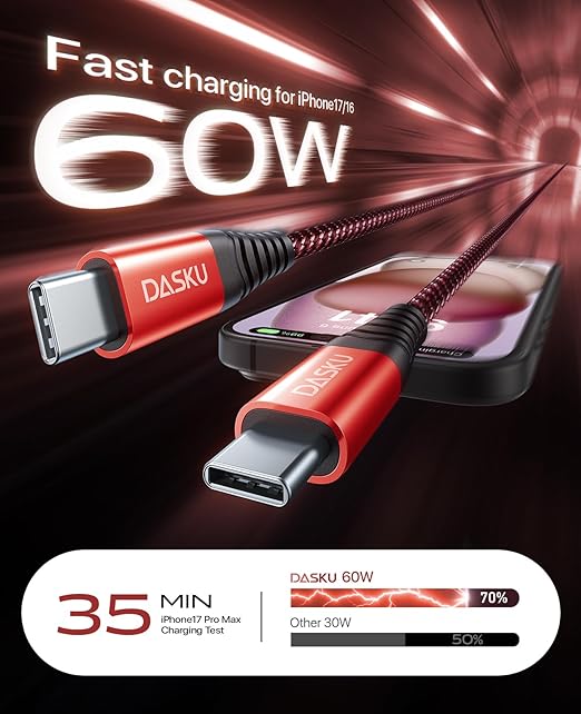 USB C to C Cable 6FT, 2 Pack USB C Cable Fast Charging 60W, USBC to USBC Cable Upgraded Extra Durable Braided USB C Cord Compatible with iPhone 17 16 15 Pro Max,Samsung Galaxy S10, LG and More-Red
