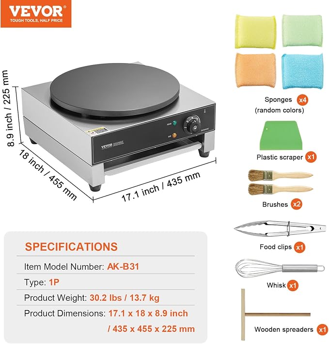 VEVOR Electric Crepe Maker, 16-Inch Commercial Crepe Machine, 1700W Flat Plate Crepe Griddle, Nonstick Stainless Steel Pancake Making Machine, Desktop Circular Cereals Pancake Stove with Temp Control