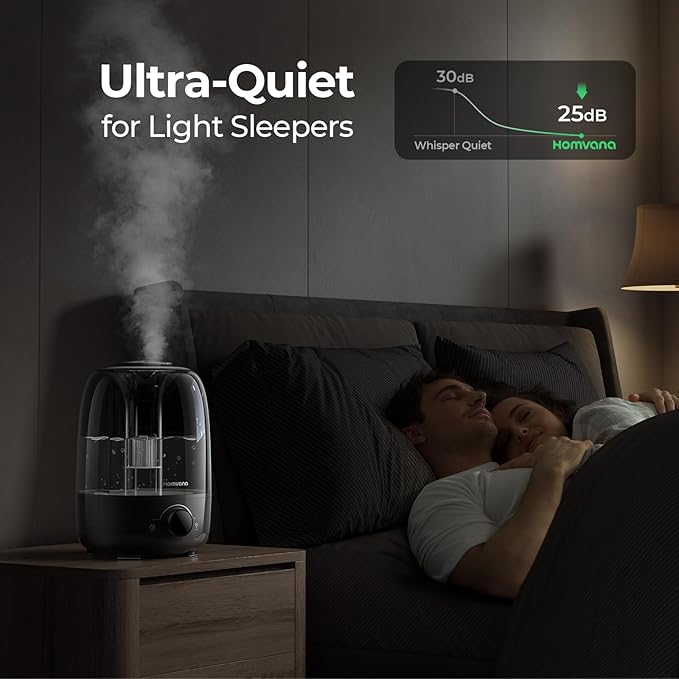 Homvana Humidifiers for Bedroom Diffusers - Top Fill 3.5L Cool Mist Humidifier Large Room, 40H Runtime Diffusers for Home, Air Humidifier for Plants, Baby Nursery, Essential Oil Diffusers (Black)
