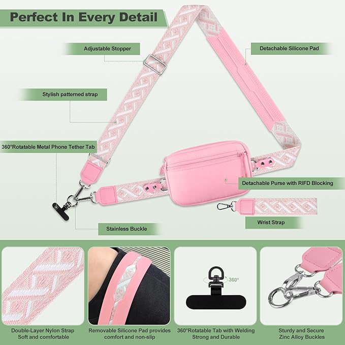 YFWE Clip and Go Strap for Phone with Wallet Crossbody, Adjustable Phone Lanyard with Detachable RFID Wristlet Wallet, Pattern Strap, Pink(M)