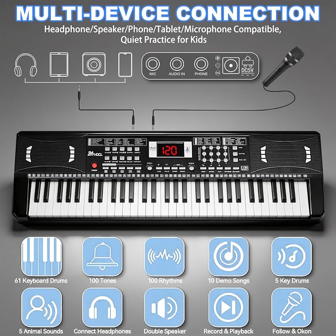 Electric Piano Keyboard, Digital 61 Key Piano Keyboard Kids with Speaker Microphone & Music Sheet Stand, Gift for Children Early Education Beginners, Black