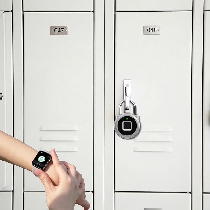 Gym Locker Padlock eLinkSmart Fingerprint Padlock Bluetooth App Authorized View Record Waterproof Security Keyless Smart Combination Lock for Outdoor Locker Backpack Gun Case Silver