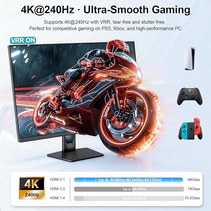 HDMI 2.1 Switch 3 in 1 Out, 8K@60Hz 4K@240Hz/120Hz 48Gbps, HDMI Switcher with Remote & Detection-Switching, VRR HDR10+ Dolby Vision/Atmos CEC HDCP2.3, Aluminum Alloy HDMI Selector