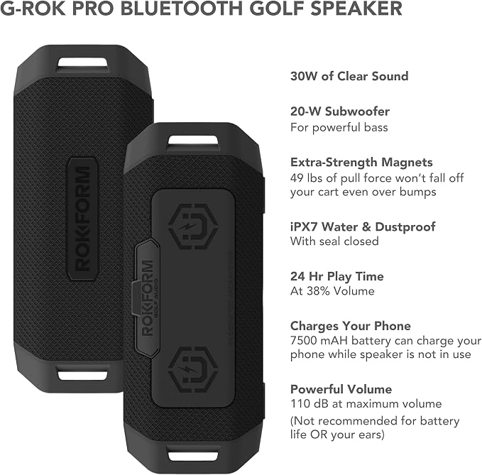 ROKFORM G-ROK Pro, Premium Sound with Bass, Portable Bluetooth Golf Speaker, 24 Hour Battery, Magnetic Hold with 49lb Pull Force, IPX7 Waterproof, LED Display, Unlimited Pairing, Can Charge Phone